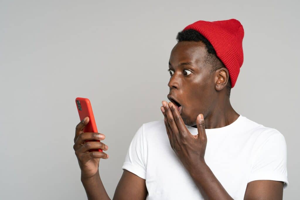 afro, shock, talk, surprise, face, mouth, look, man, phone, mobile